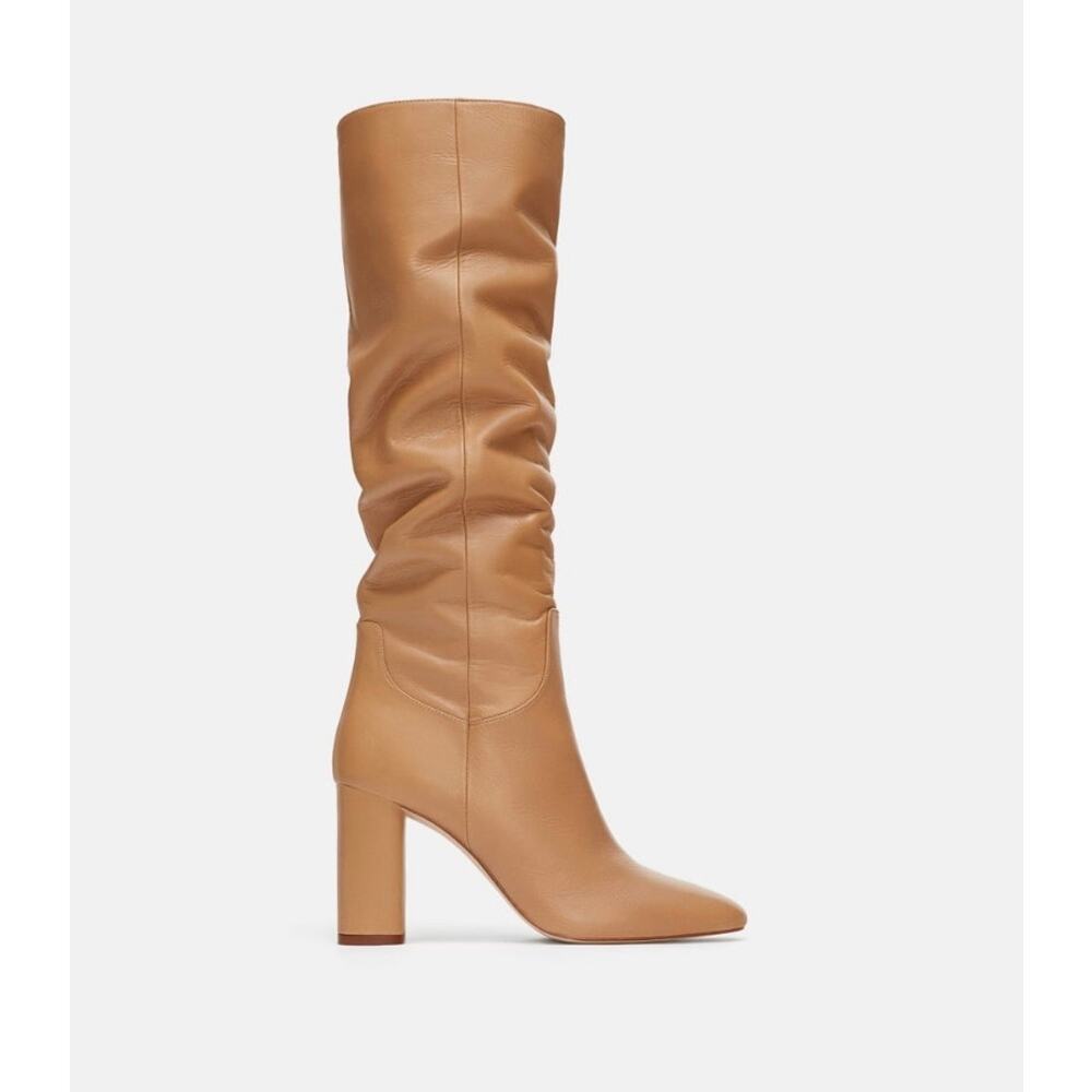 Zara Leather Knee-High Tall Chunky Heel Boots Camel Tan 41 Size 11